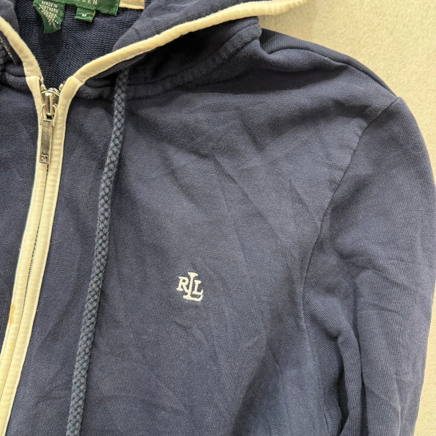 Lauren Ralph Lauren Navy Zip Hoodie Drawstring Small Logo Stains Size M