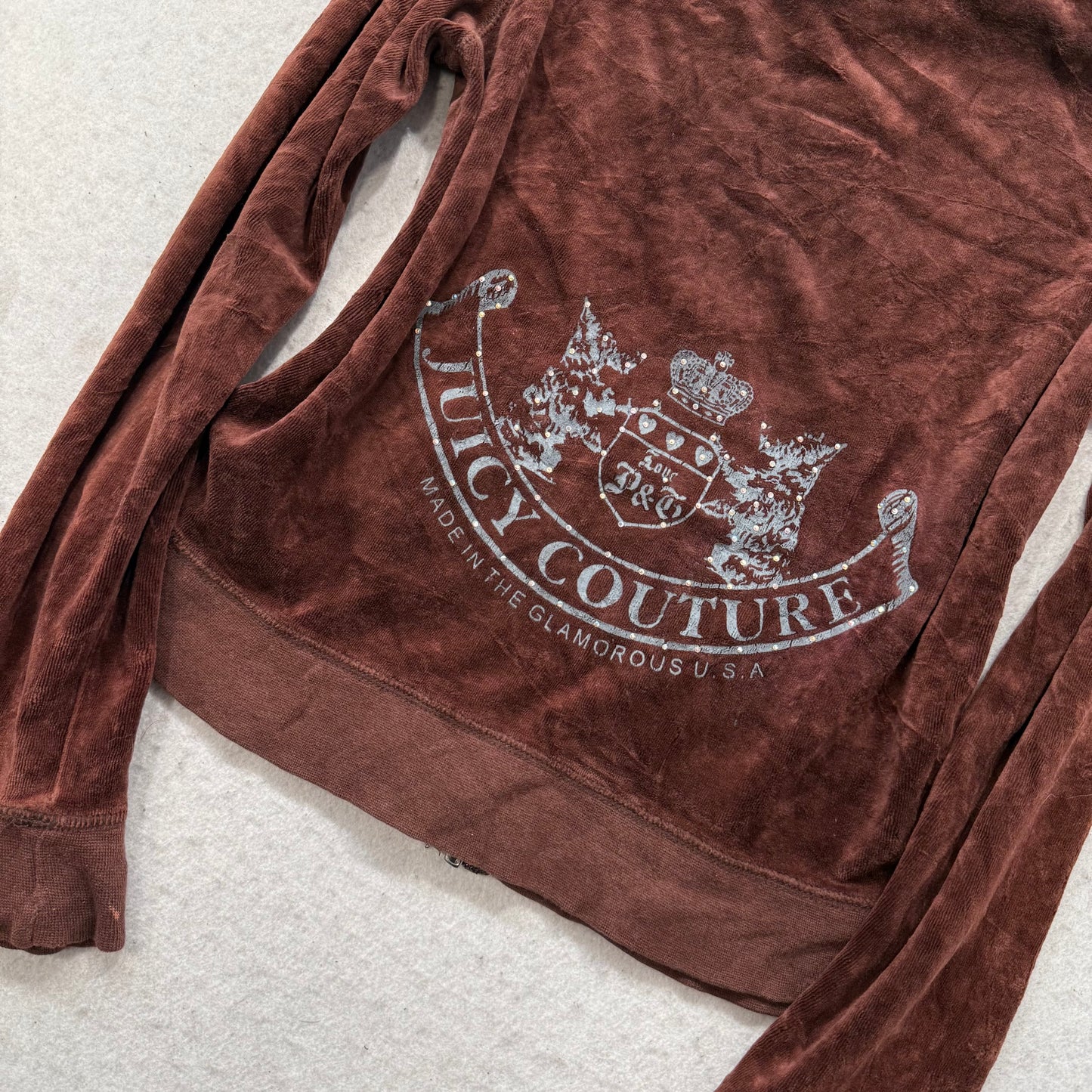 RARE Vintage Juicy Couture Scottie Dogs Womens Brown Velour Zip-Up Hoodie Size S