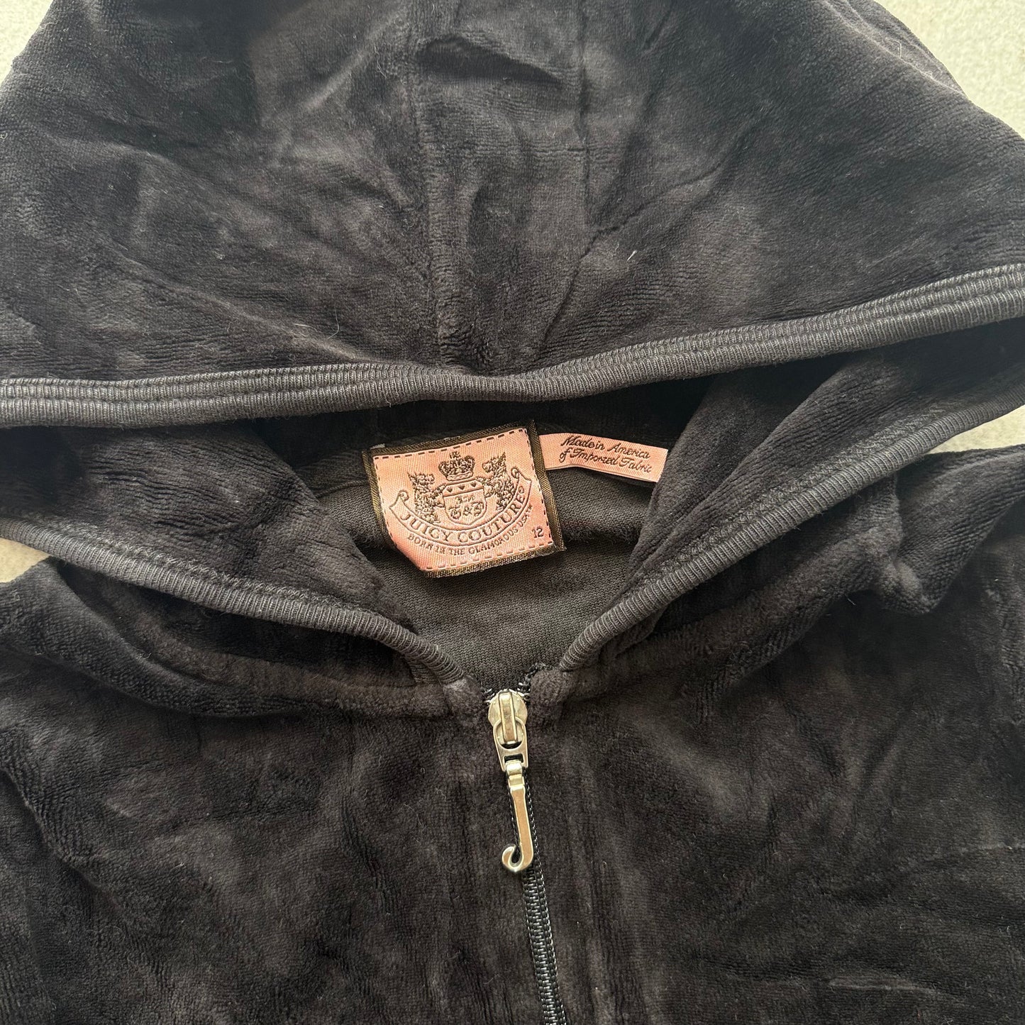 Juicy Couture Women's Black Velour Zip-Up Hoodie Loungewear Graphic Logo Size 12