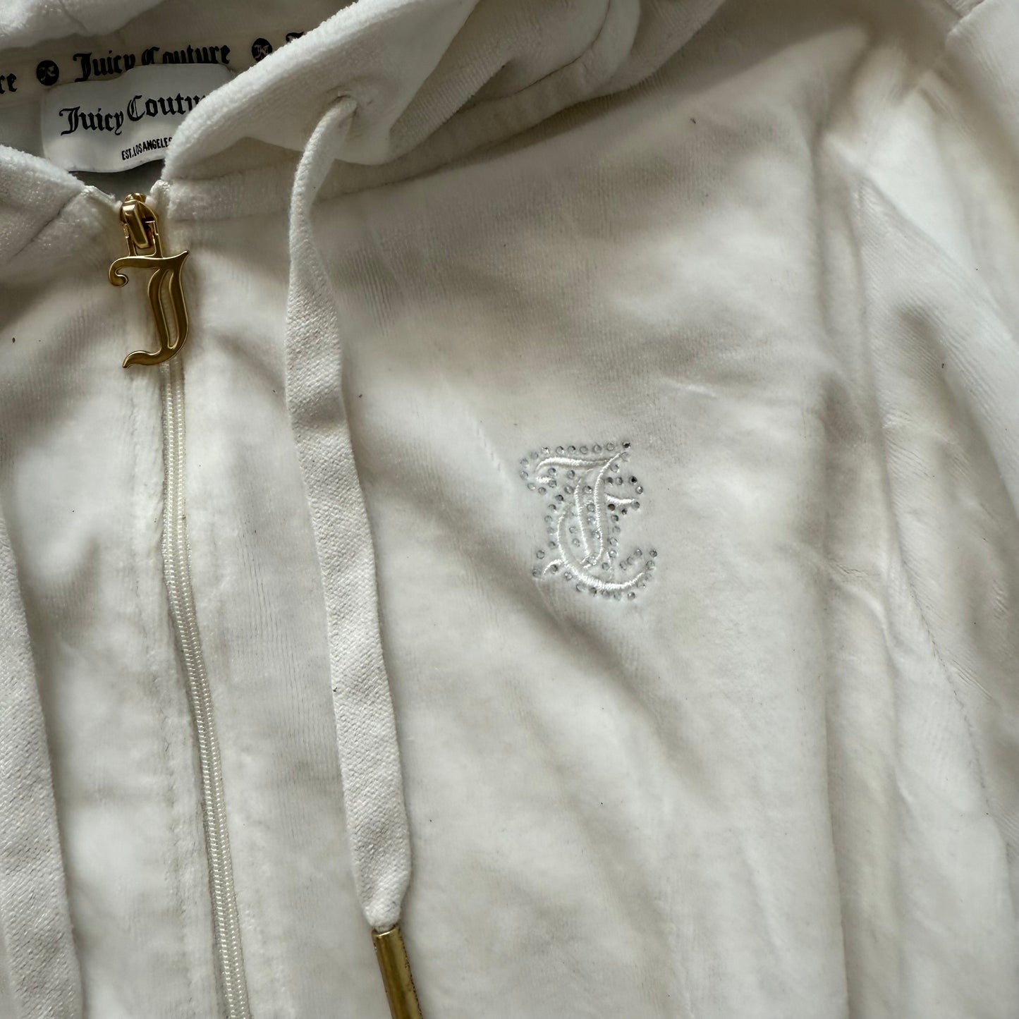 Juicy Couture Women's White Velour Zip Up Cropped Hoodie Rhinestones Logo Size M