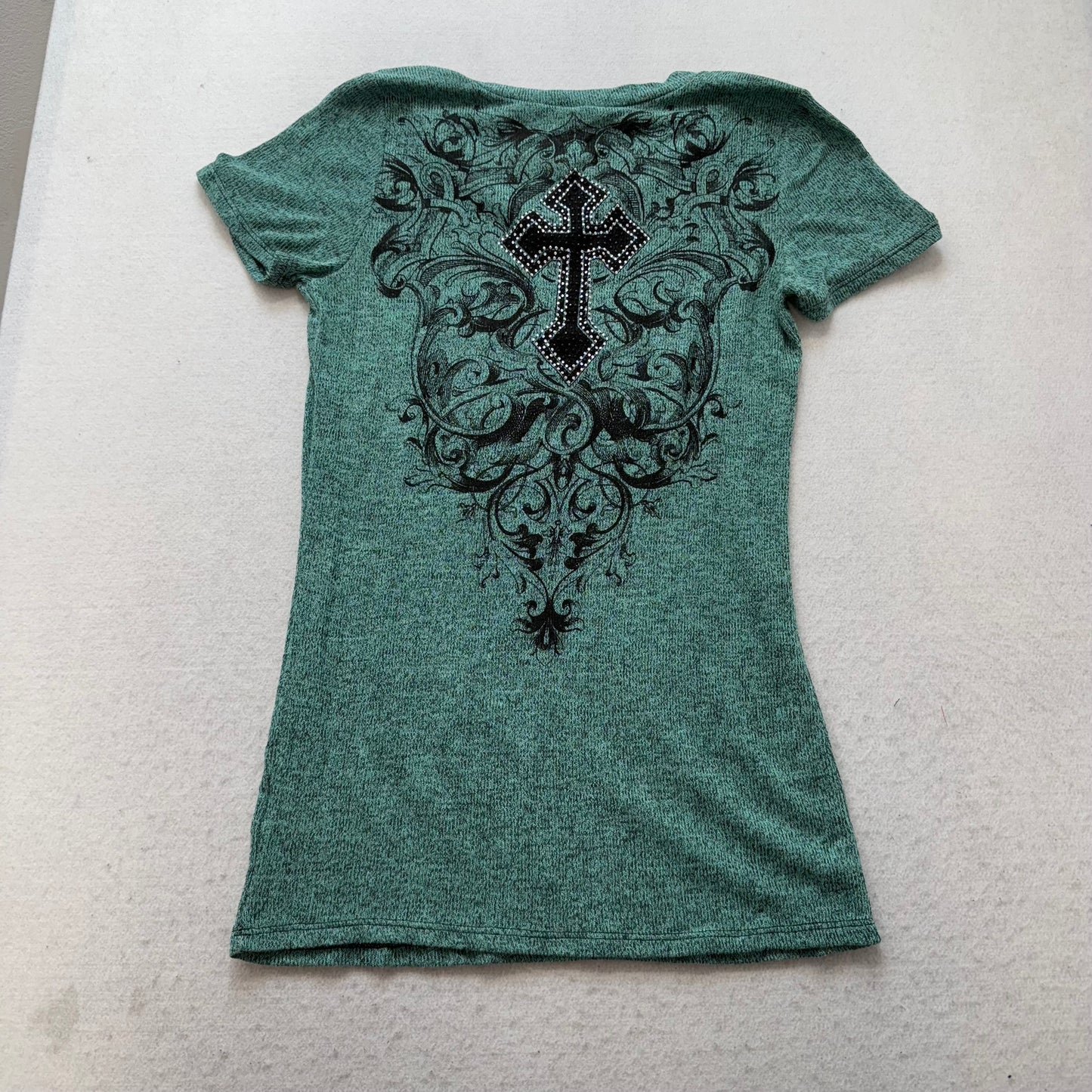 Vocal Women's Blue Green Cross Graphic V-Neck Top Rhinestone Stretch Size M