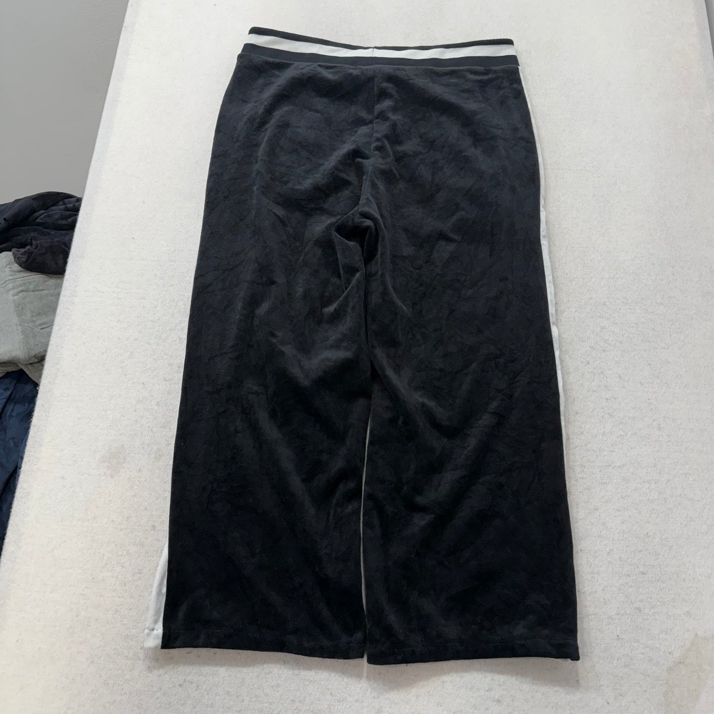 Bebe Women Black Velour White Side Stripes Wide Leg Track Pant Drawstring Size L