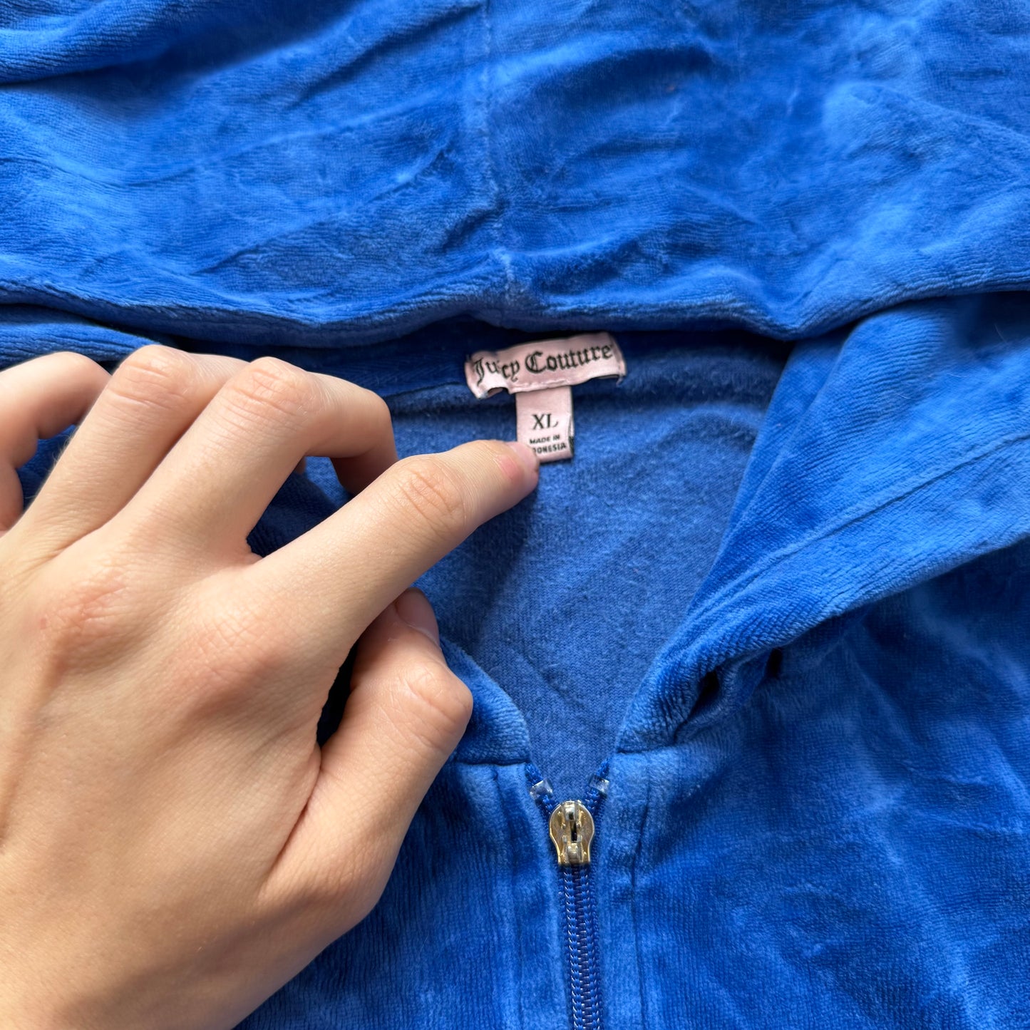 Juicy Couture Women's Royal Blue Velour Zip-Up Hoodie Rhinestones Logo Size XL