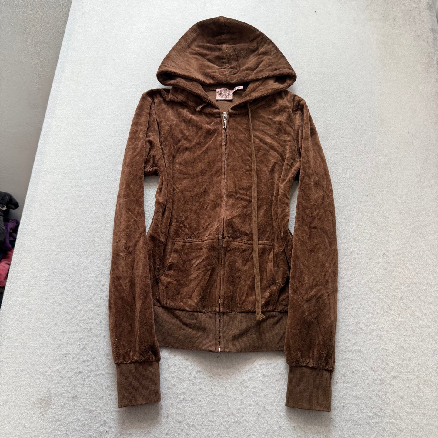 Vintage Juicy Couture Queen of Couture Women's Brown Velour Zip-Up Hoodie Size S