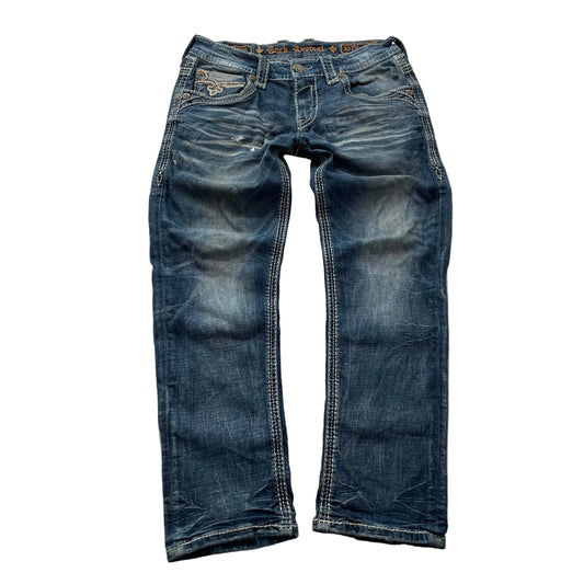 Rock Revival Joe Men's Blue Slim Straight Jeans Embroidered Flap Pockets Size 32
