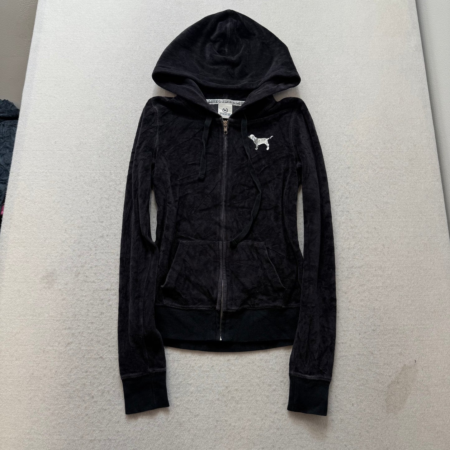 Victoria's Secret PINK Women's Black Velour Hoodie Silver Sequin Logo Size XS