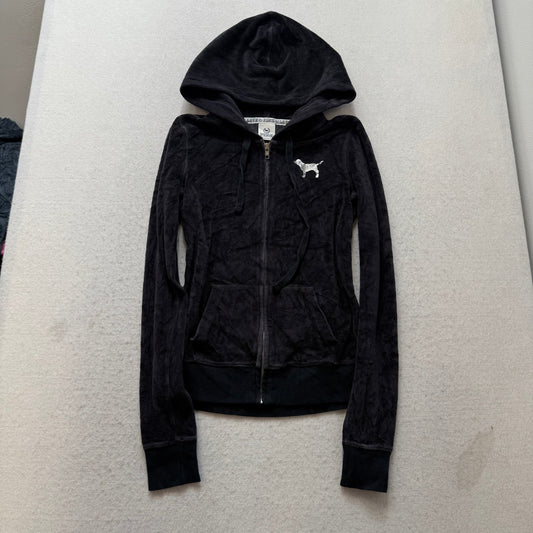 Victoria's Secret PINK Women's Black Velour Hoodie Silver Sequin Logo Size XS