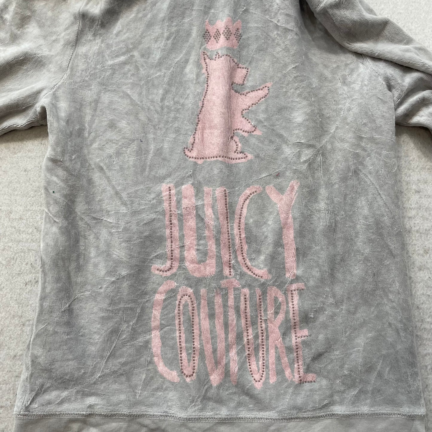 Juicy Couture Women Gray Velour Zip-Up Hoodie Pockets Loungewear Dog Logo Size S
