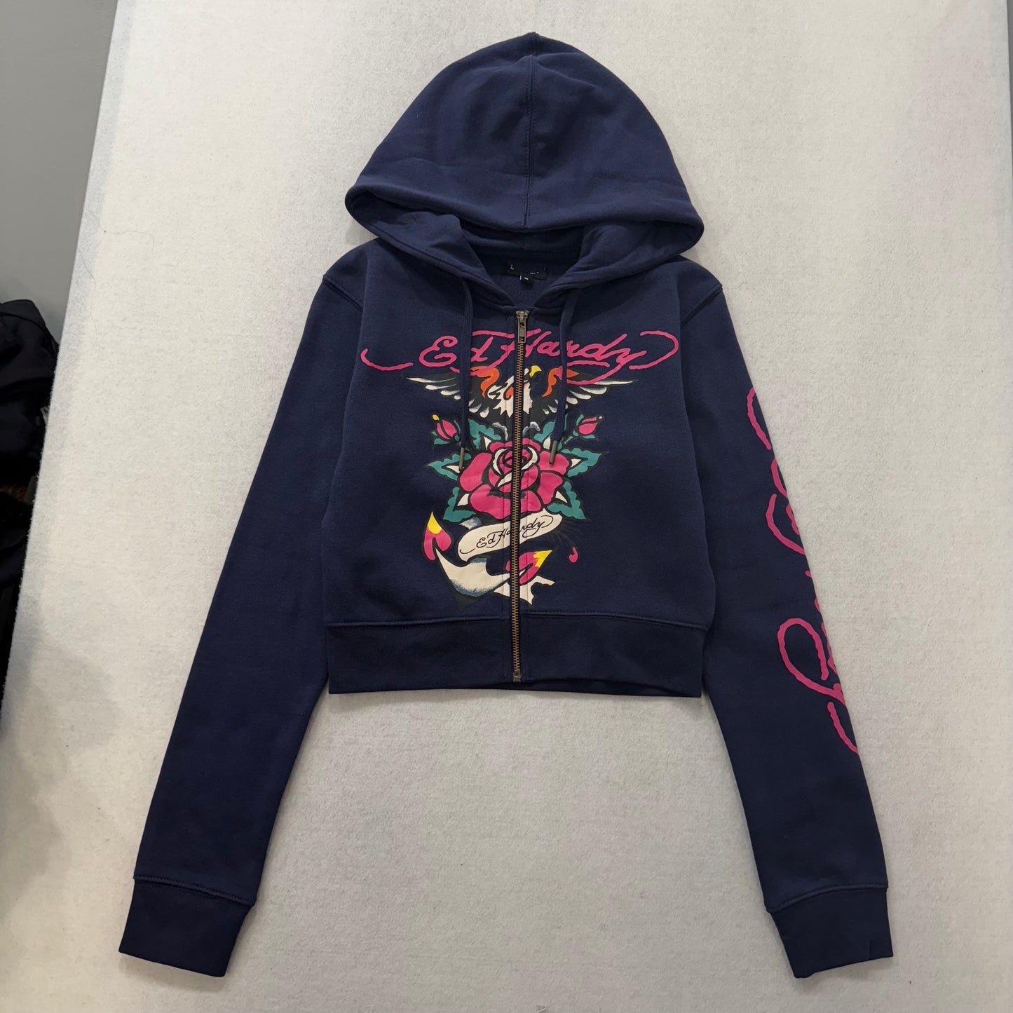 ED HARDY “Eagle Rose” NAVY CROPPED ZIP UP HOODIE
