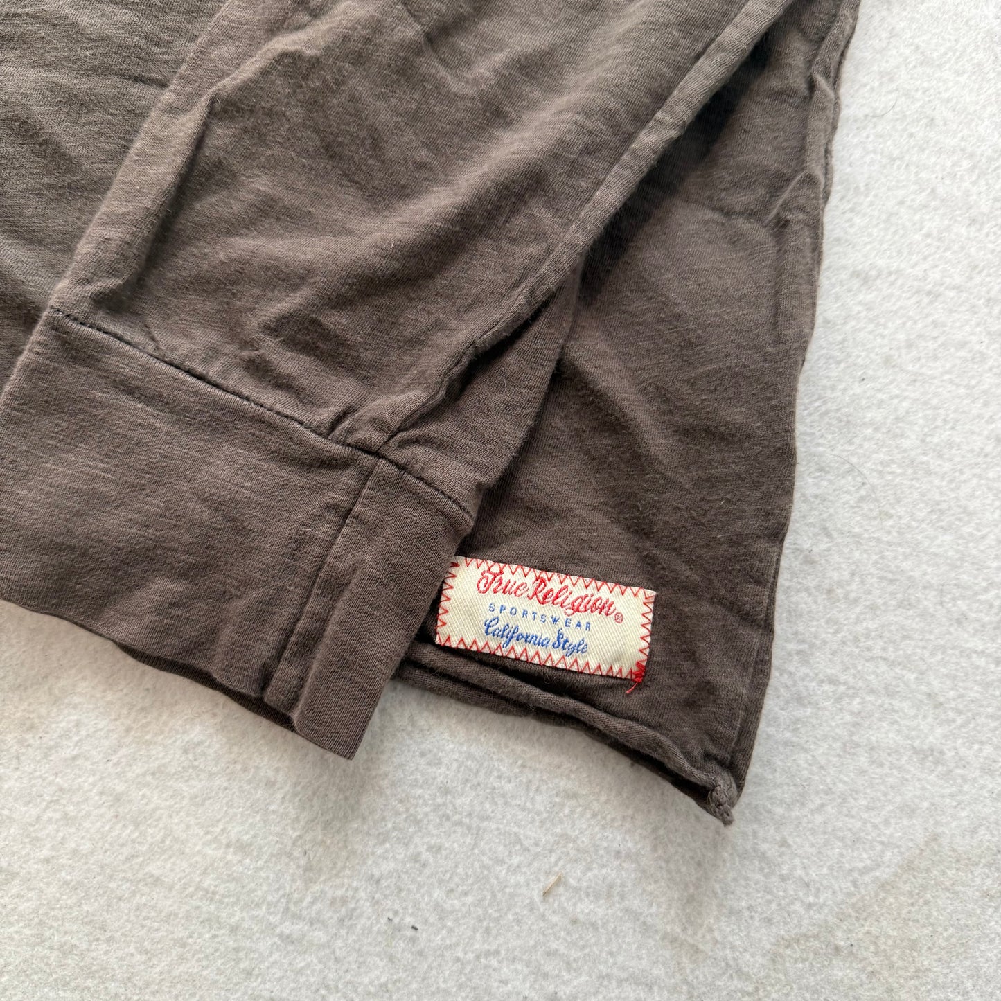 True Religion Men Brown Flocked Horseshoe Slub Henley Long Sleeve Shirt Size XXL