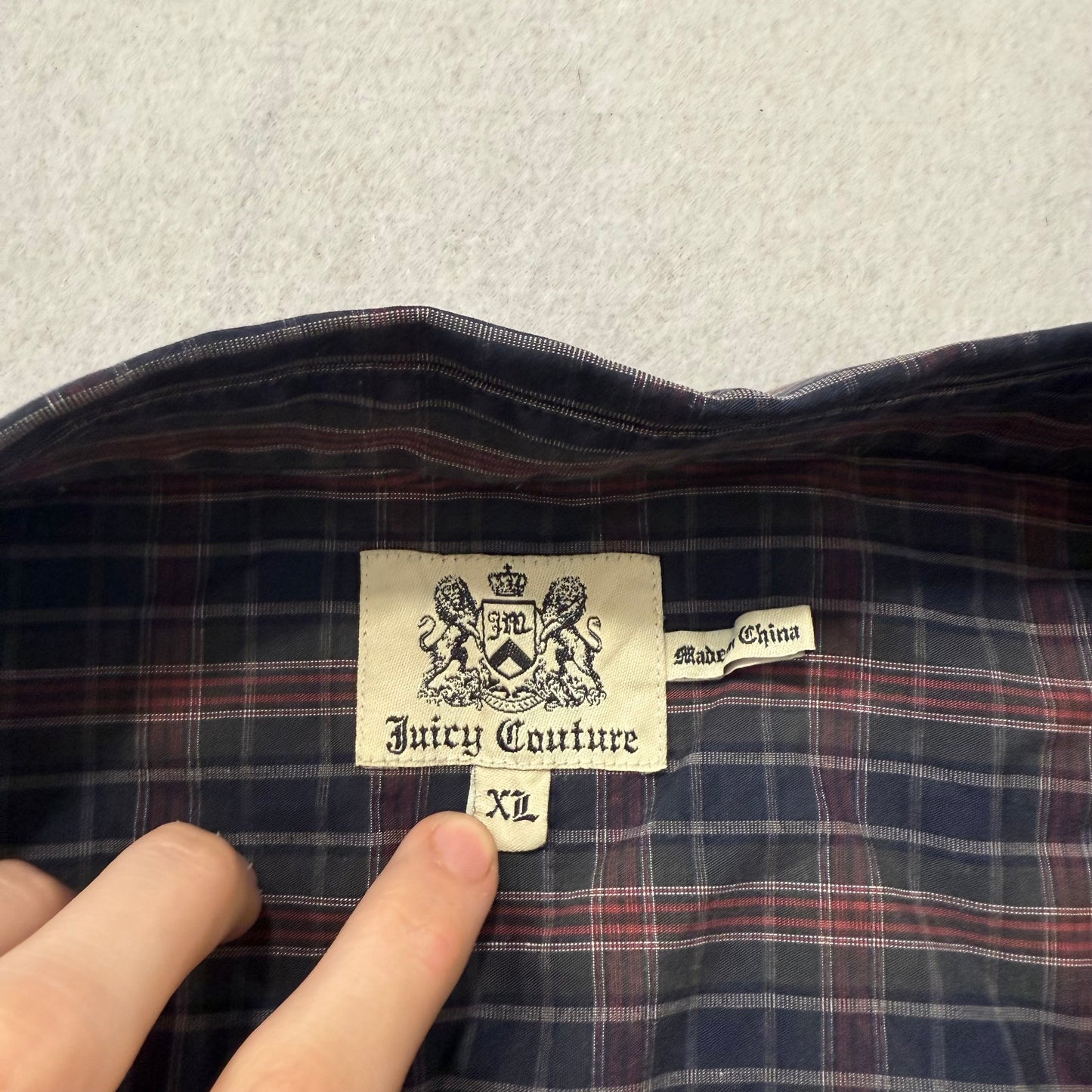 Vintage Juicy Couture Dirty English Plaid Button Up Gold Back Print XL Mens