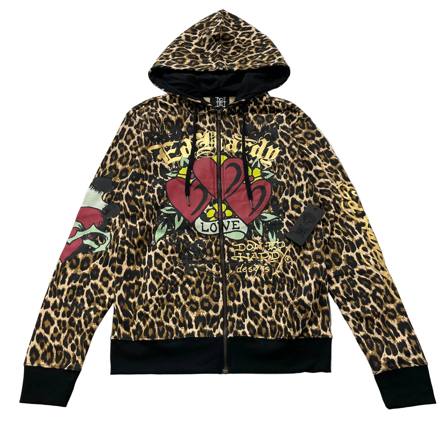 Ed Hardy Heart Tattoo Graphic Women's Leopard Print Zip-Up Fleece Hoodie Size XS