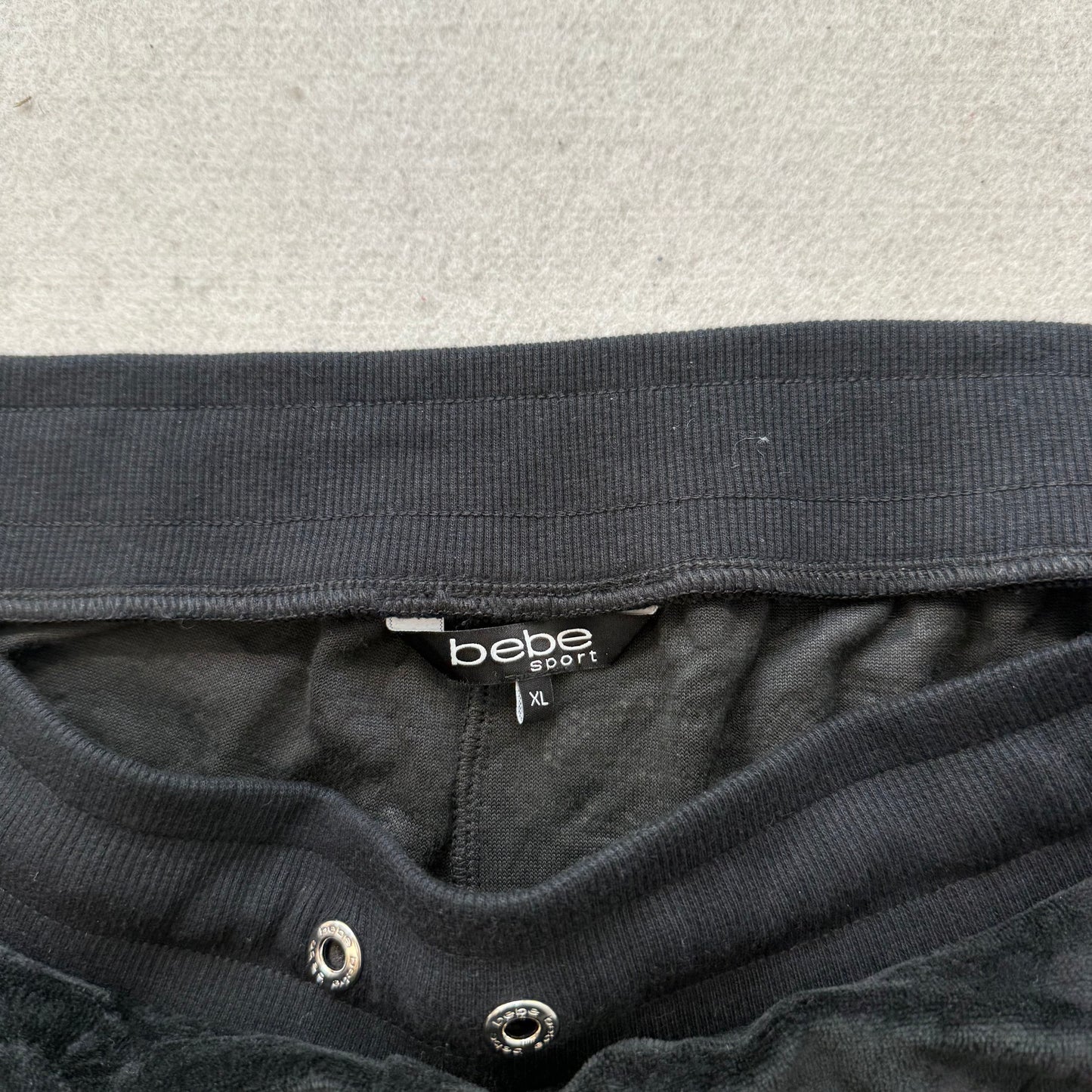 Bebe Women's Black Velour Flared Track Pant Side Striped Rhinestone Logo Size XL