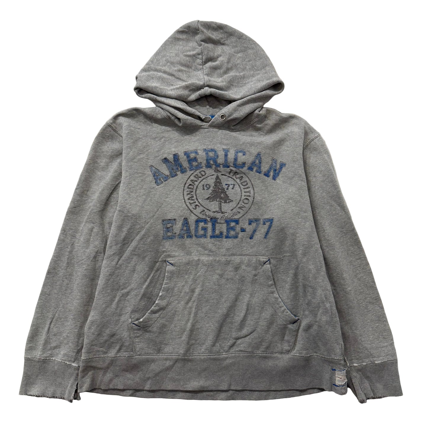 American Eagle Outfitters Men Gray Cotton Distressed Pullover Hoodie Logo Size L