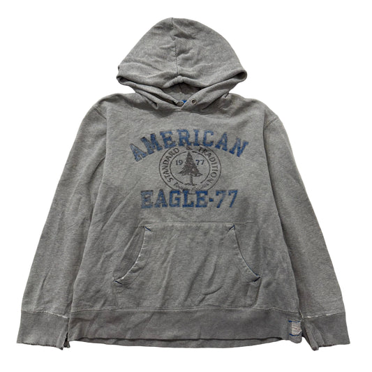 American Eagle Outfitters Men Gray Cotton Distressed Pullover Hoodie Logo Size L