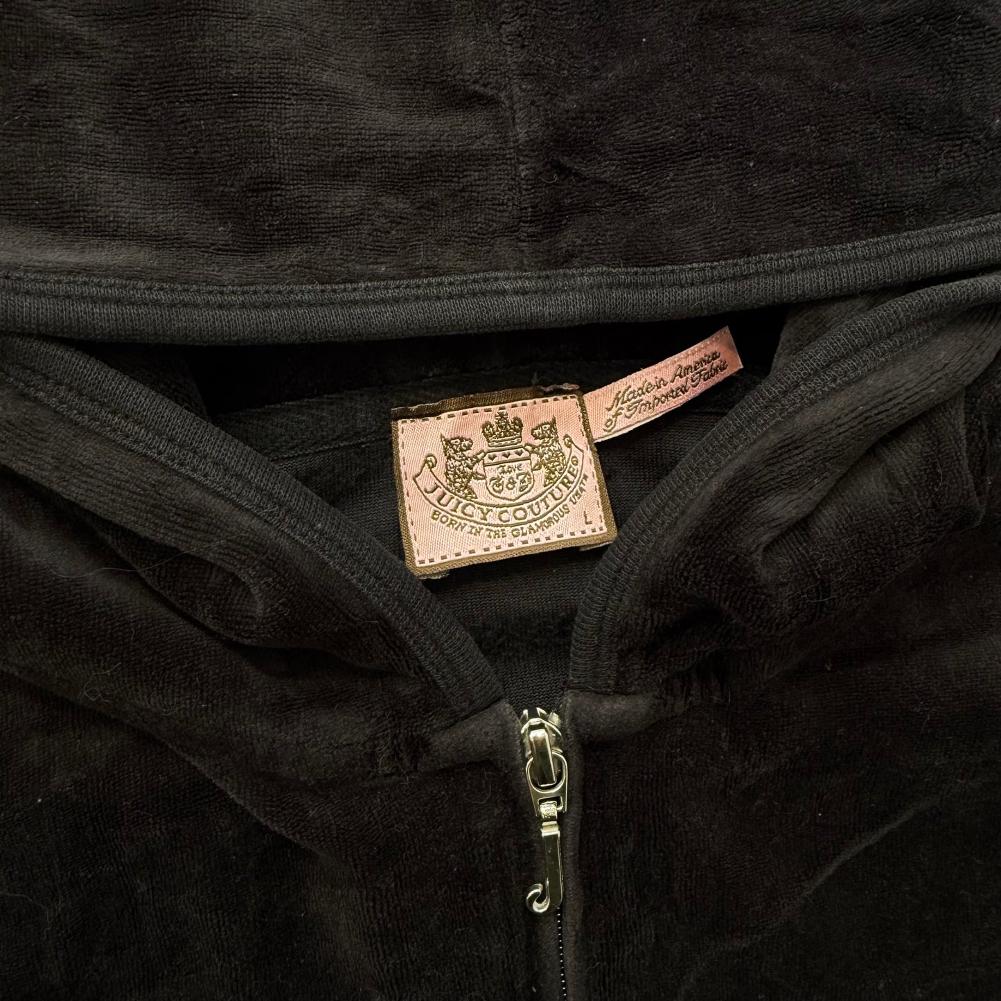 Vintage Juicy Couture Women's Black Velour Tracksuit Set Hoodie & Pant Size L/XL