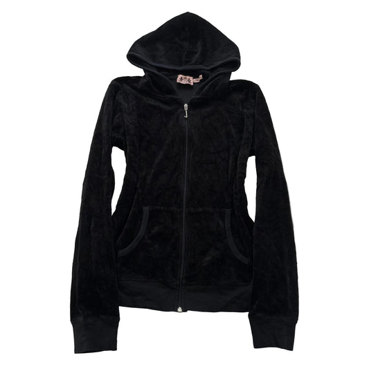 Vintage Juicy Couture Women's Black Velour Full Zip Hoodie Loungewear Size L