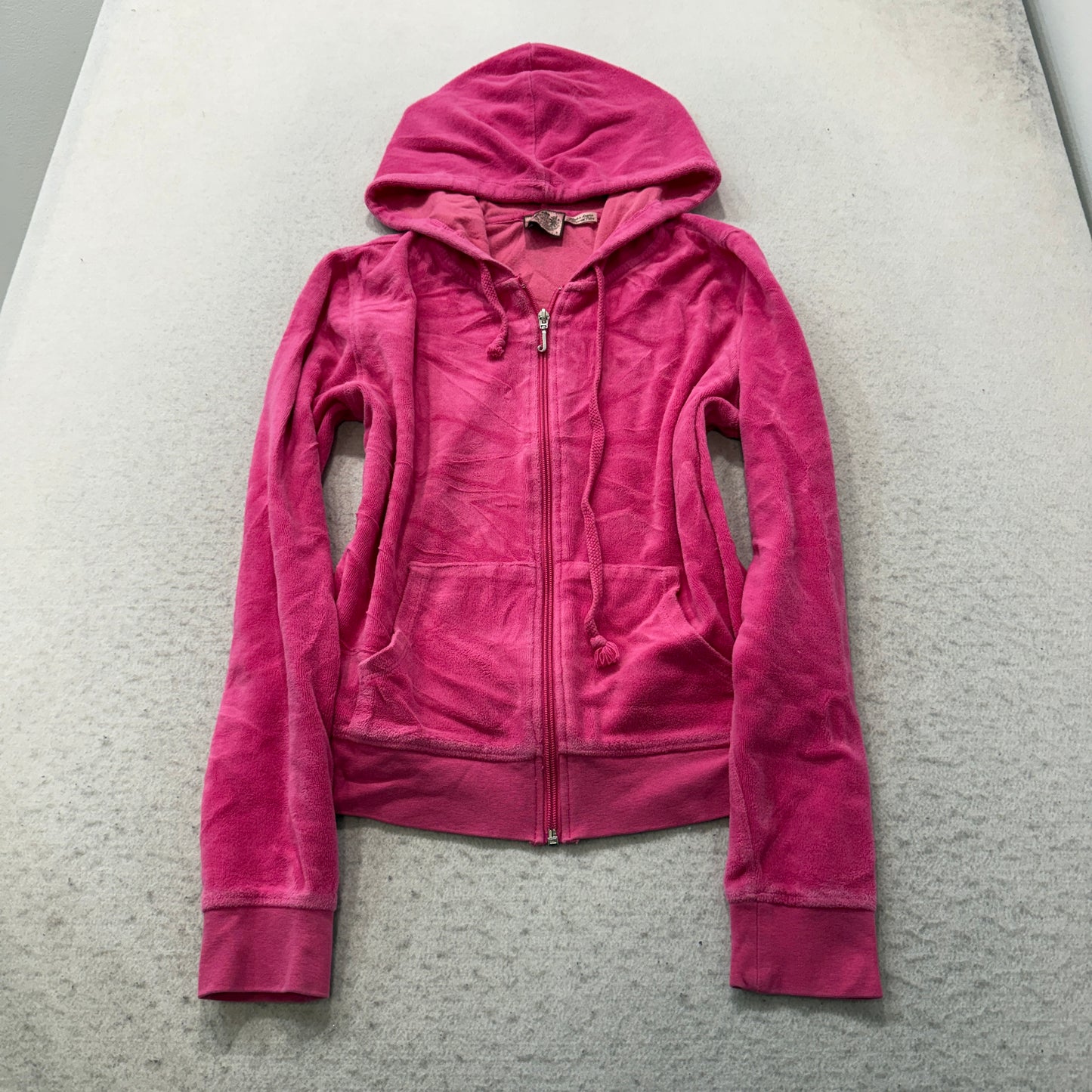 Vintage Juicy Couture Women's Hot Pink Velour Zip-Up Hoodie Drawstring Size S