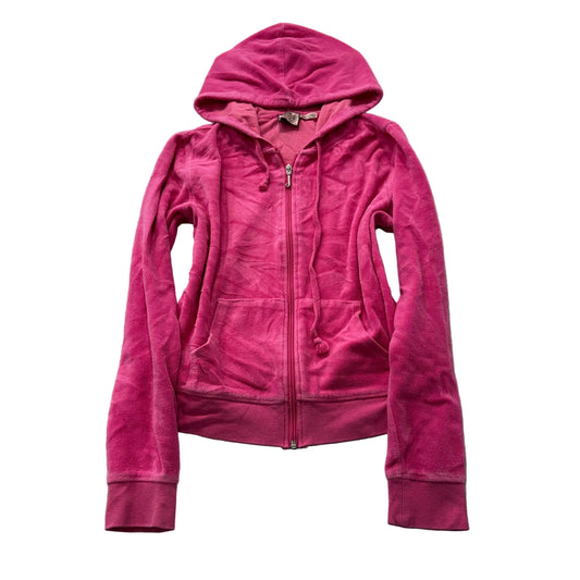Vintage Juicy Couture Women's Hot Pink Velour Zip-Up Hoodie Drawstring Size S