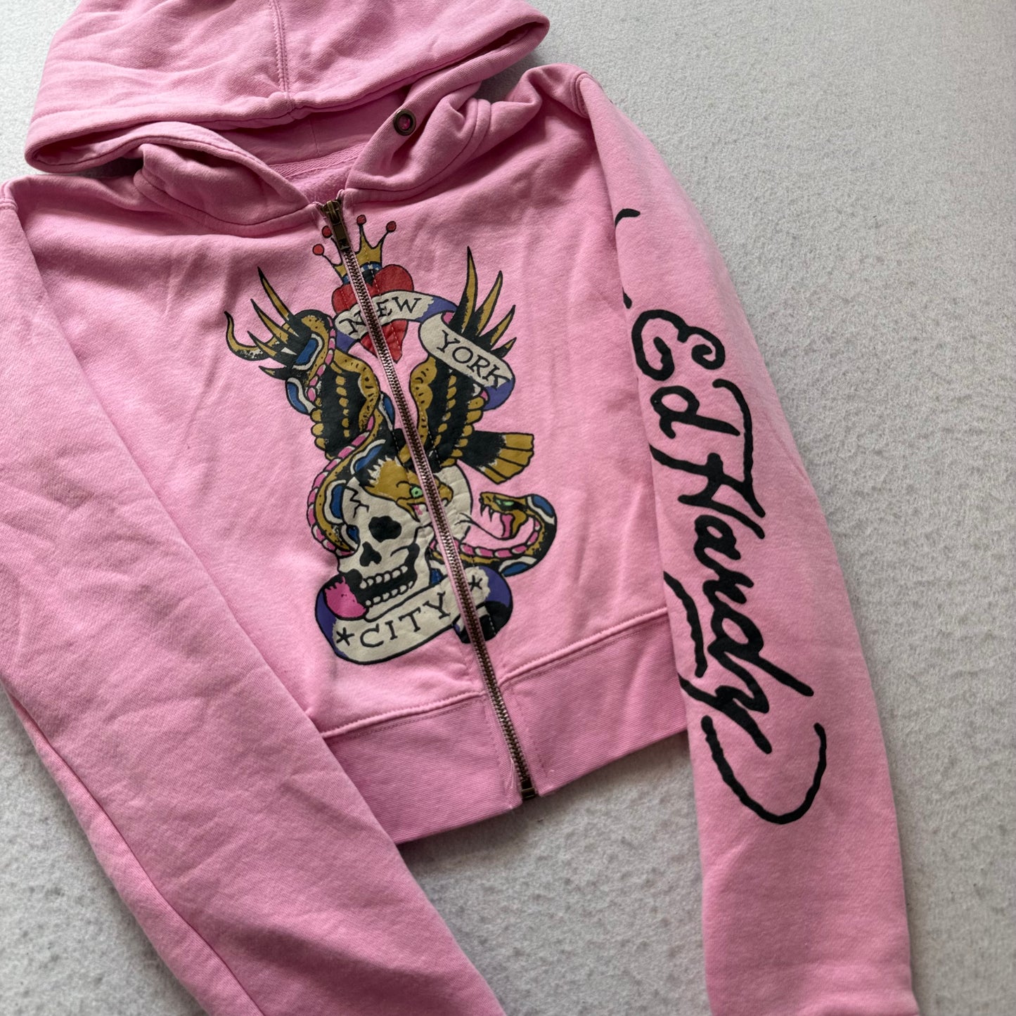 Ed Hardy Skull Eagle Women's Pink Zip-Up Cropped Hoodie Tattoo Graphic Size S