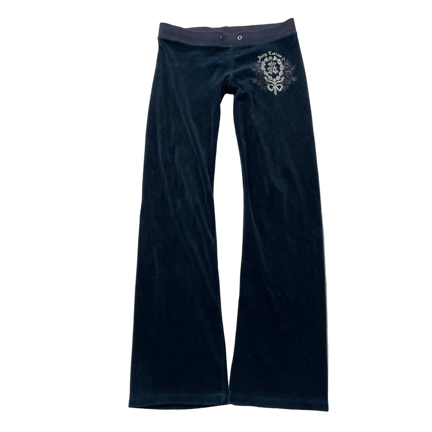 Vintage Juicy Couture Women's Navy Velour Flared Track Pant Graphic Logo Size S