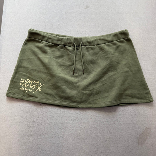 Ed Hardy Women's Olive Green Fleece Mini Skirt Drawstring Waistband Logo Size 3X