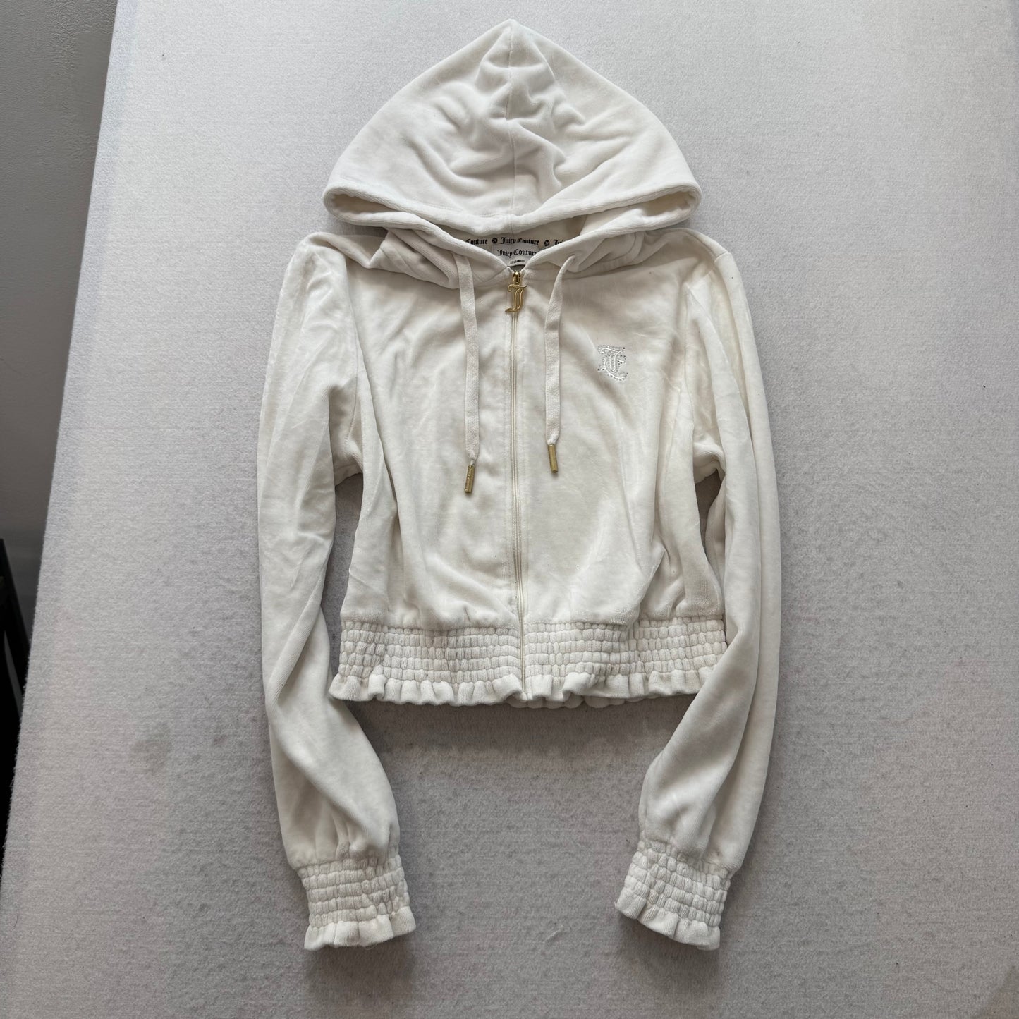 Juicy Couture Women's White Velour Zip Up Cropped Hoodie Rhinestones Logo Size M