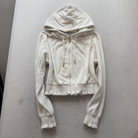 Juicy Couture Women's White Velour Zip Up Cropped Hoodie Rhinestones Logo Size M