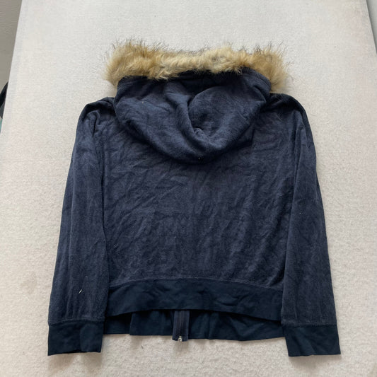 Juicy Couture Women's Navy Terry Cloth Zip-Up Faux Fur Hoodie Pockets Size 2X