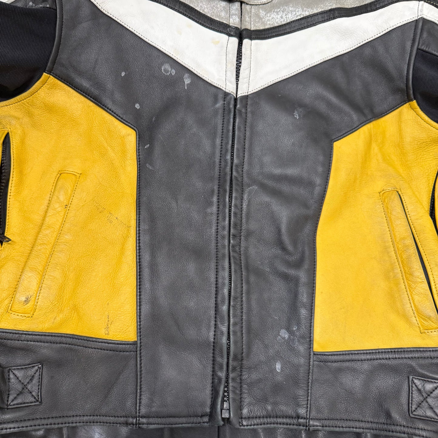 Joe Rocket Black Yellow Leather Motorcycle Jacket Racing Zip Front Size XL