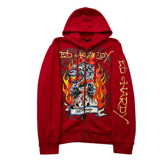 ED HARDY “Tiger Flame” RED GRAPHIC ZIP UP HOODIE