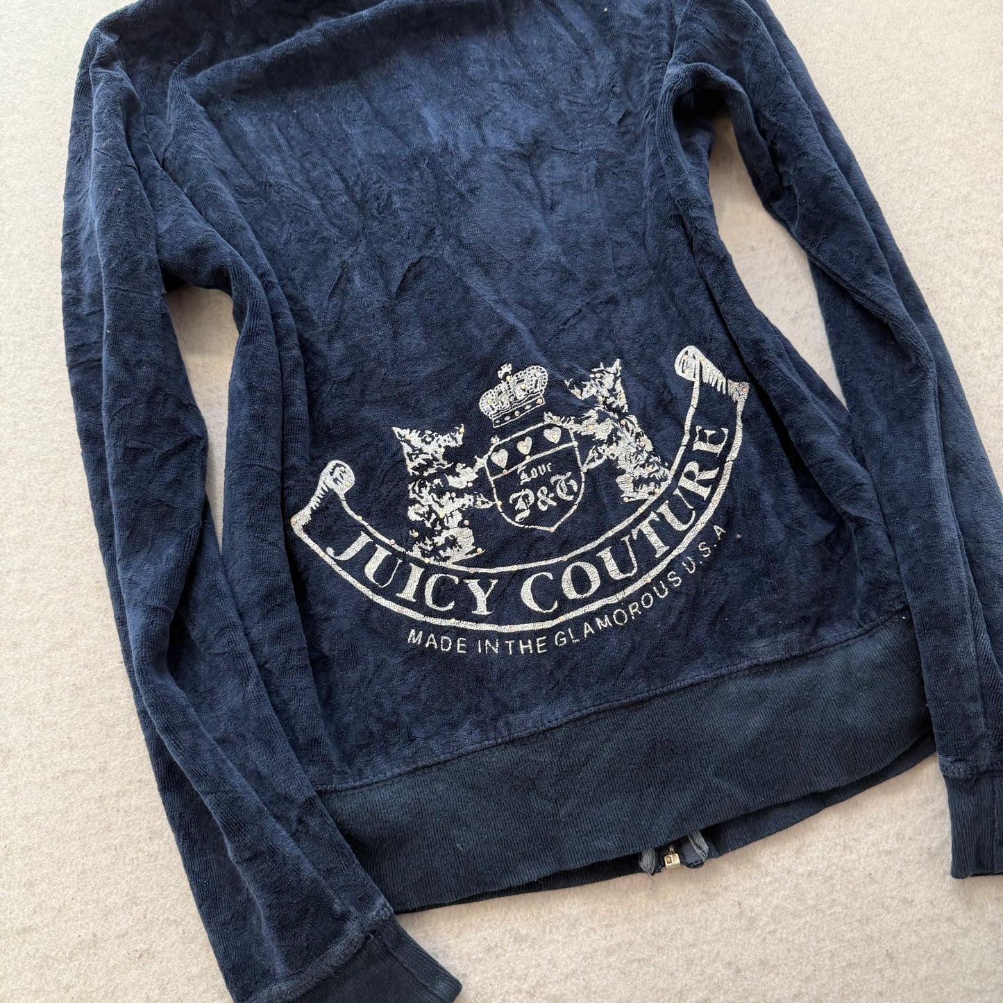 Vintage Juicy Couture Women's Navy Velour Zip Up Hoodie Graphic Logo Y2K Size S