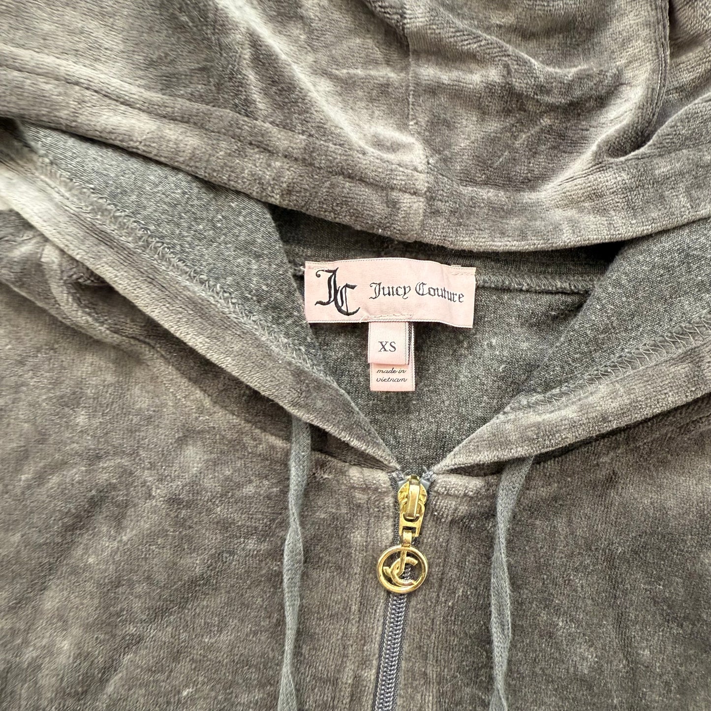 Juicy Couture Women's Charcoal Grey Velour Zip-Up Hoodie Drawstring Y2K Size XS