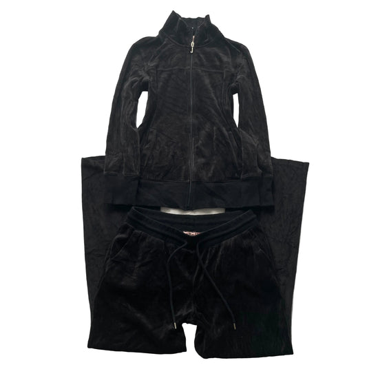Vintage Juicy Couture Women's Black Velour Tracksuit Set Mock Neck Jacket & Pants L