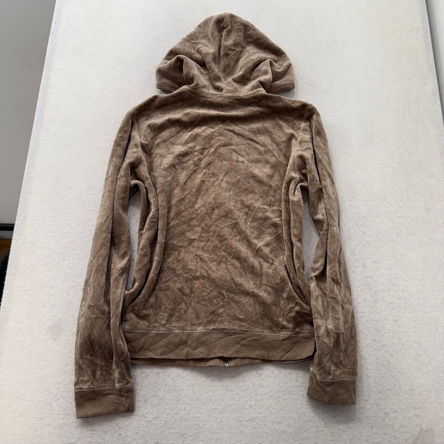 Vintage Juicy Couture Women's Light Brown Velour Zip-Up Hoodie Drawstring Size L