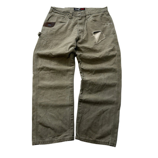 Wrangler Men's Olive Carpenter Pants Straight Fit Distressed Workwear Size W34