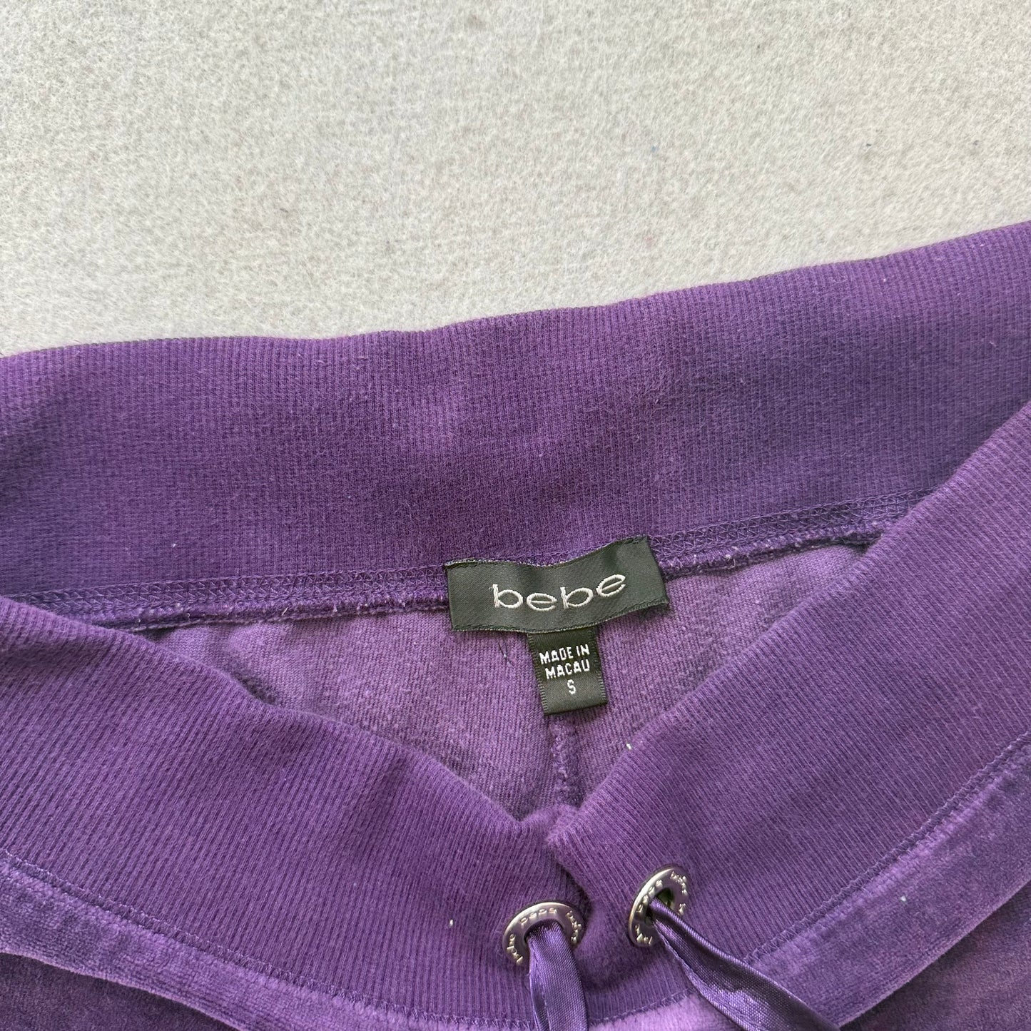 Bebe Women Deep Purple Velour Flared Track Pant Low Rise Rhinestones Logo Size S