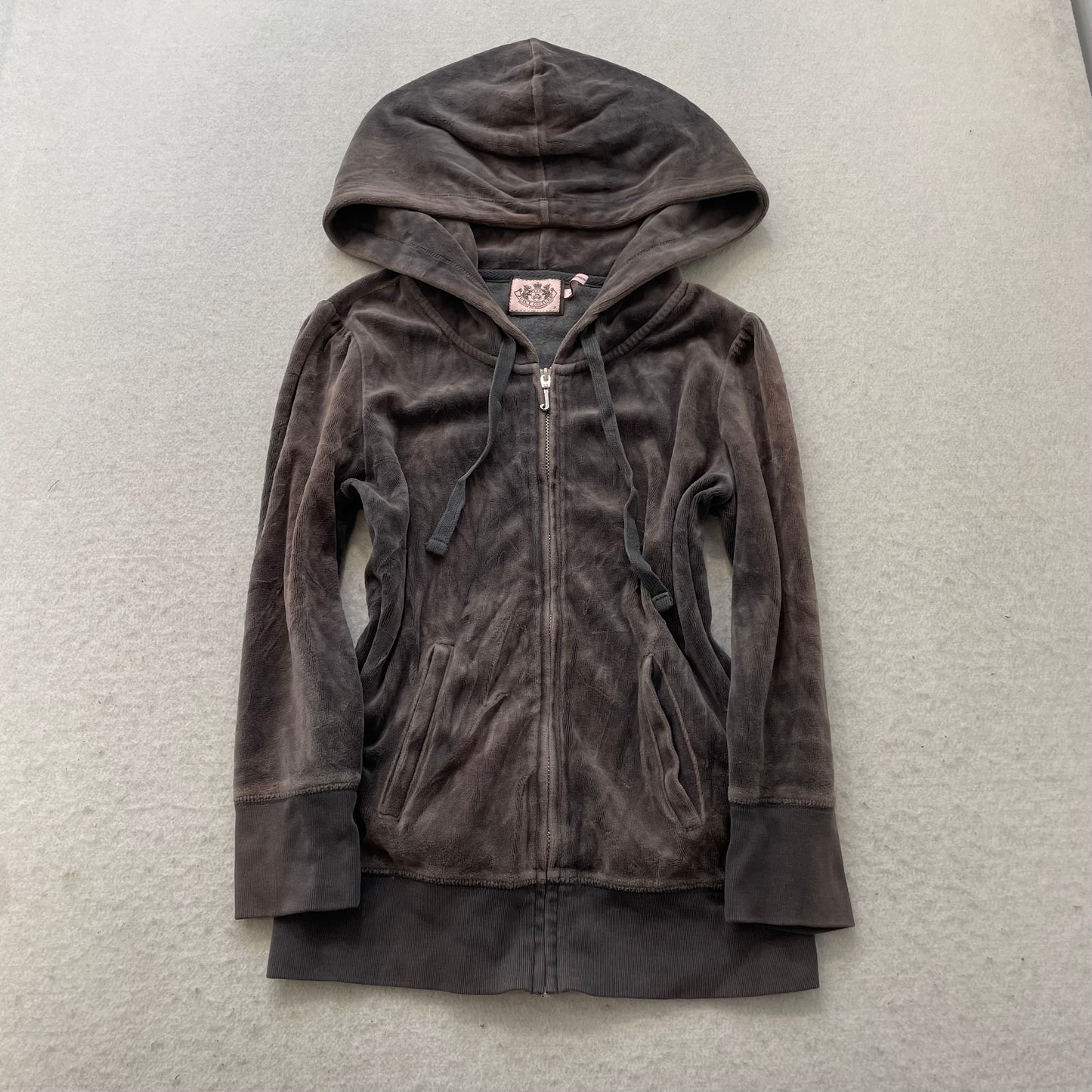 Juicy Couture Women Charcoal Grey Velour Zip-Up Hoodie Back Graphic Print Size P