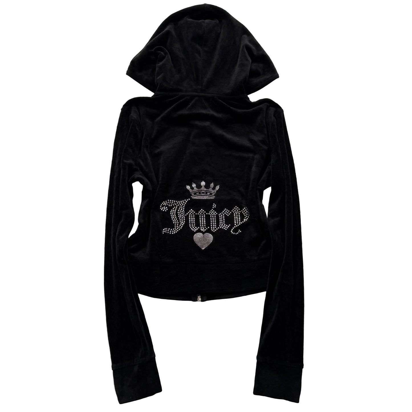 Juicy Couture Women's Black Velour Zip Up Cropped Hoodie Rhinestones Logo Size S