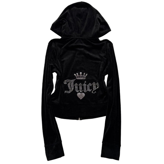 Juicy Couture Women's Black Velour Zip Up Cropped Hoodie Rhinestones Logo Size S
