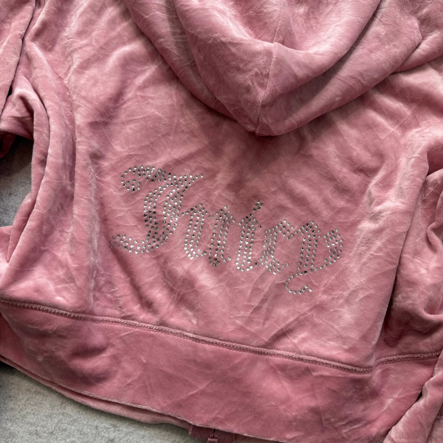 Juicy Couture Women's Pink Velour Zip-Up Cropped Hoodie Rhinestone Logo Size 2XL