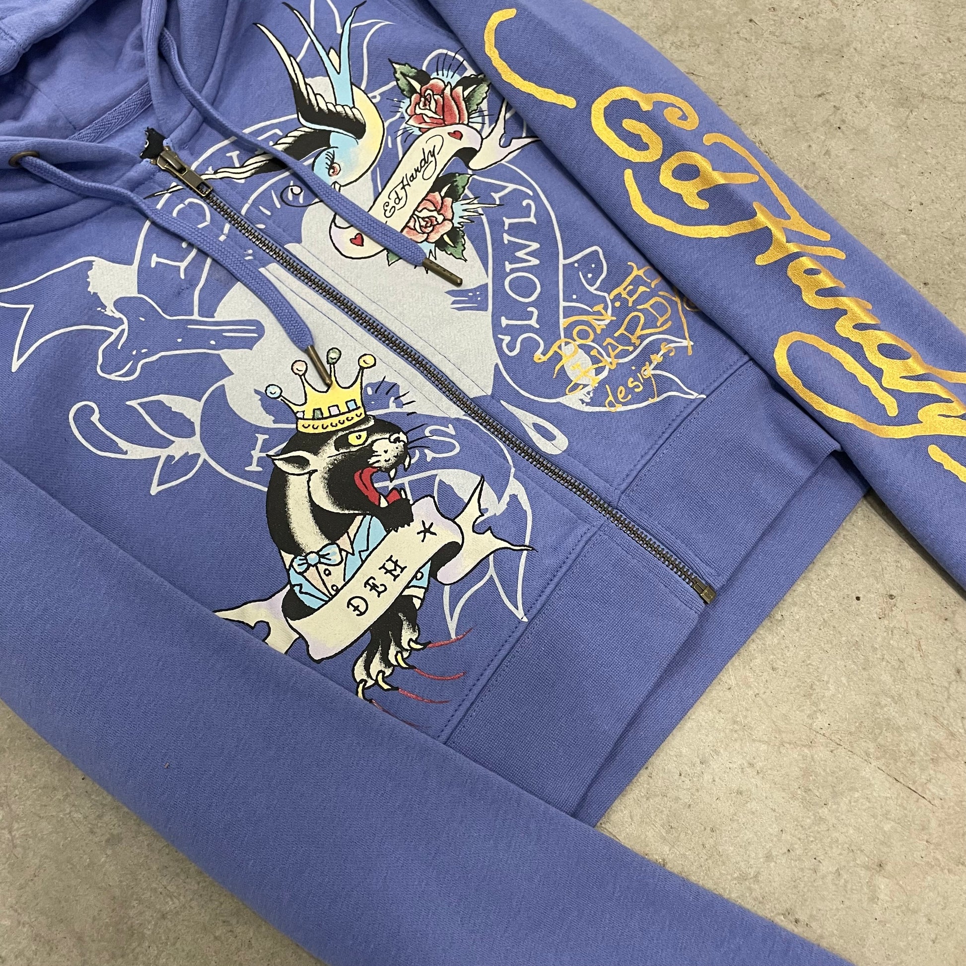 ED HARDY “Free Bird” BLUE CROPPED ZIP UP HOODIE - Clean Curriculums 