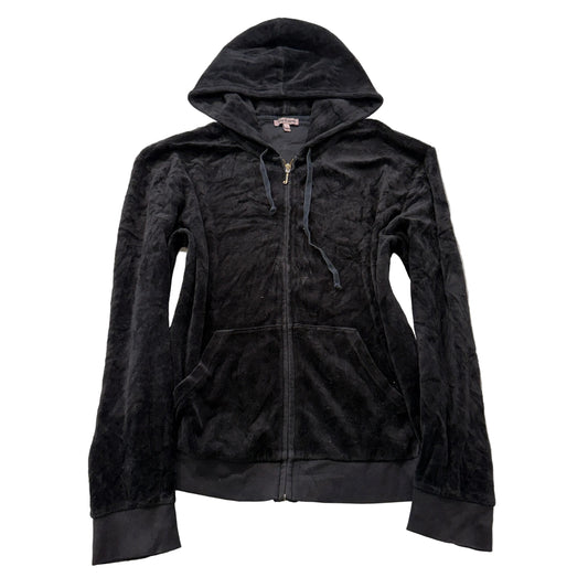 Juicy Couture Womens Black Velour Zip-Up Hoodie Loungewear Drawstring Y2K Size L