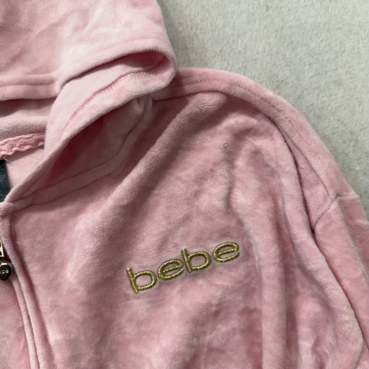 Bebe Women's Baby Pink Velour Full Zip Cropped Hoodie Rhinestones Logo Size S