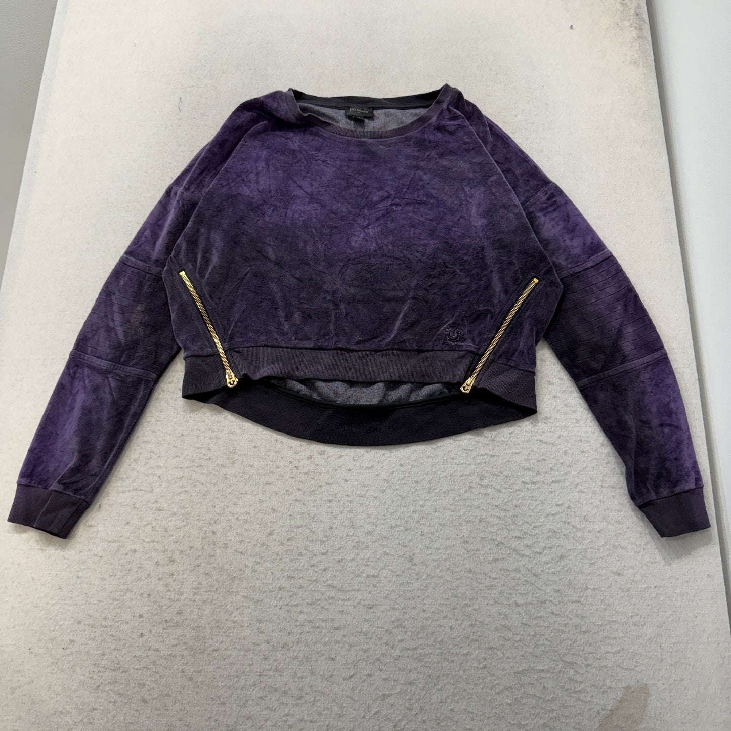True Religion Women's Deep Purple Velour Crop Top Dropped Shoulders Side Zip - S