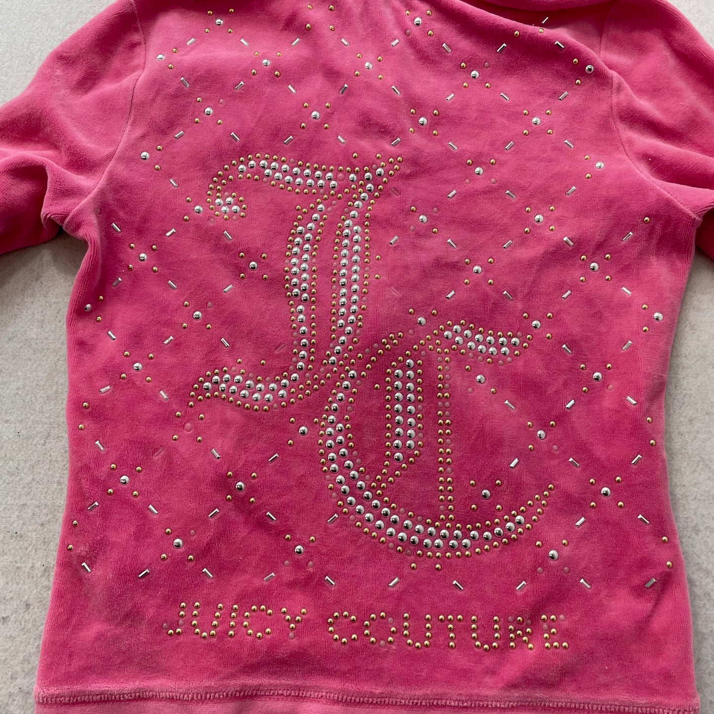 Juicy Couture Women's Pink Velour Full Zip Hoodie Rhinestone Studded Logo Size S