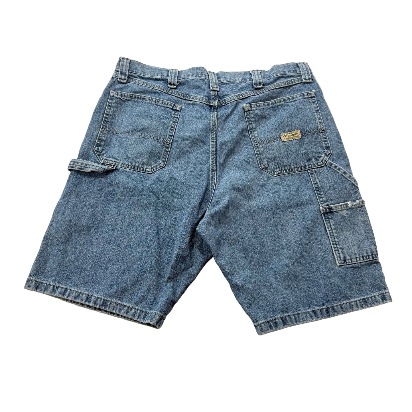 Wrangler Men's Medium Wash Blue Denim Baggy Carpenter Shorts Hammer Loop Size 36