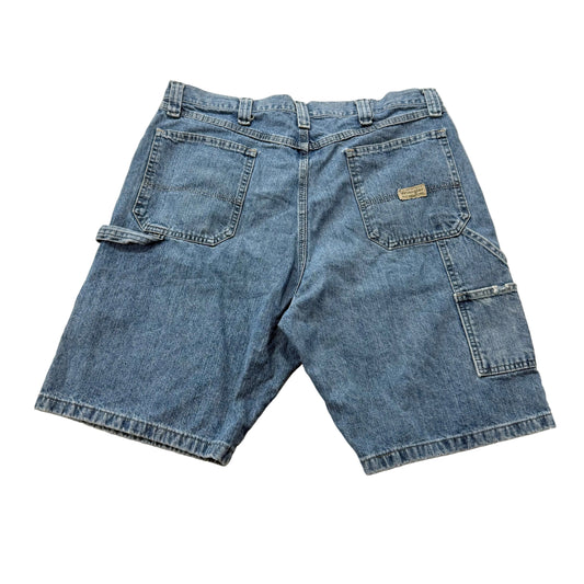 Wrangler Men's Medium Wash Blue Denim Baggy Carpenter Shorts Hammer Loop Size 36