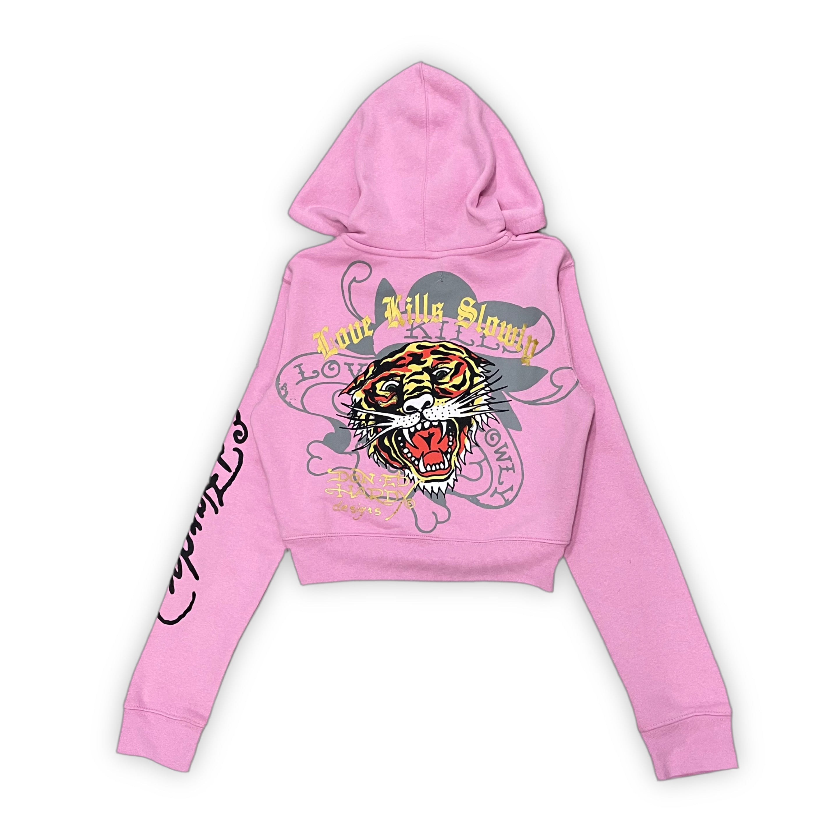 Ed Hardy “Tiger Dagger” Pink Cropped Zip Up Hoodie - Clean Curriculums 