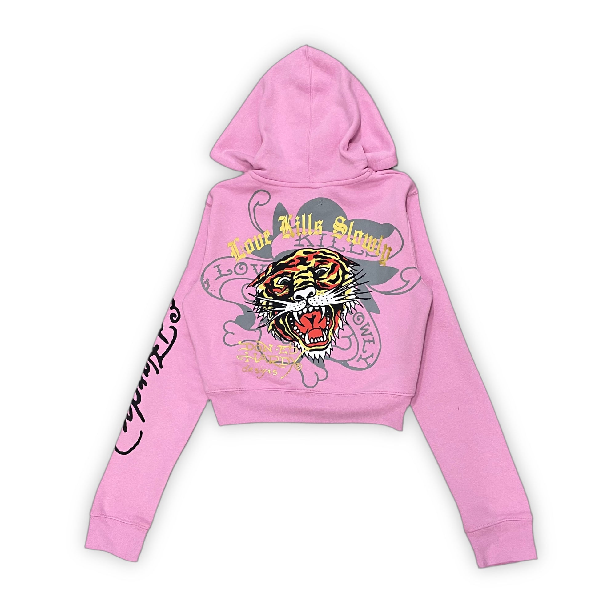 Ed Hardy “Tiger Dagger” Pink Cropped Zip Up Hoodie - Clean Curriculums 